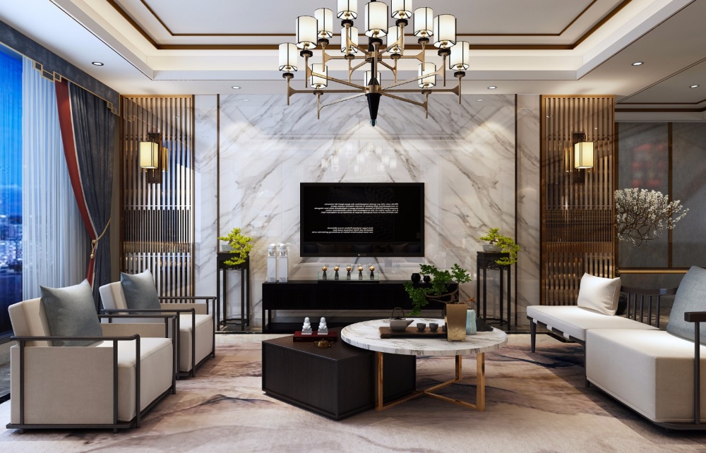 客廳窗簾裝修效果圖藍毓、新中式別墅中式現(xiàn)代客廳設(shè)計圖片賞析